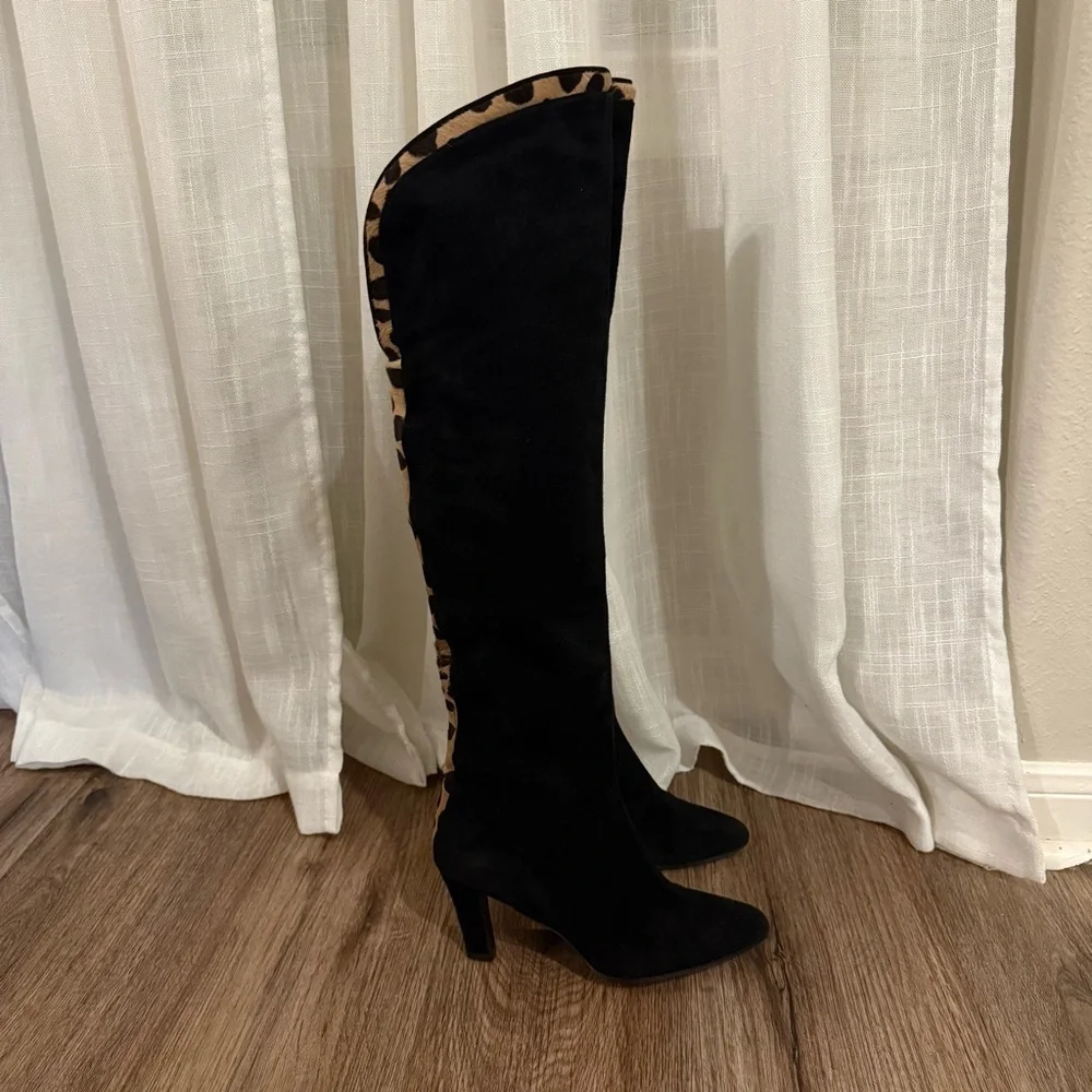 Stuart Weitzman Over the Knee Boots Sz 6 Black Suede Animal Print Heel Designer